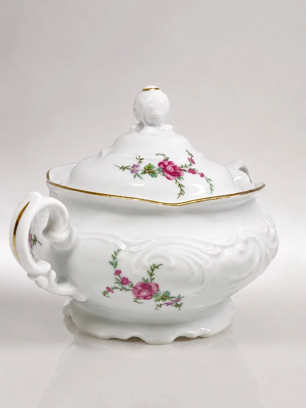 Vintage 1900 Poland Kent Covered Sugar Bowl Tea Pot Pink Rose & Gold Trim Patter